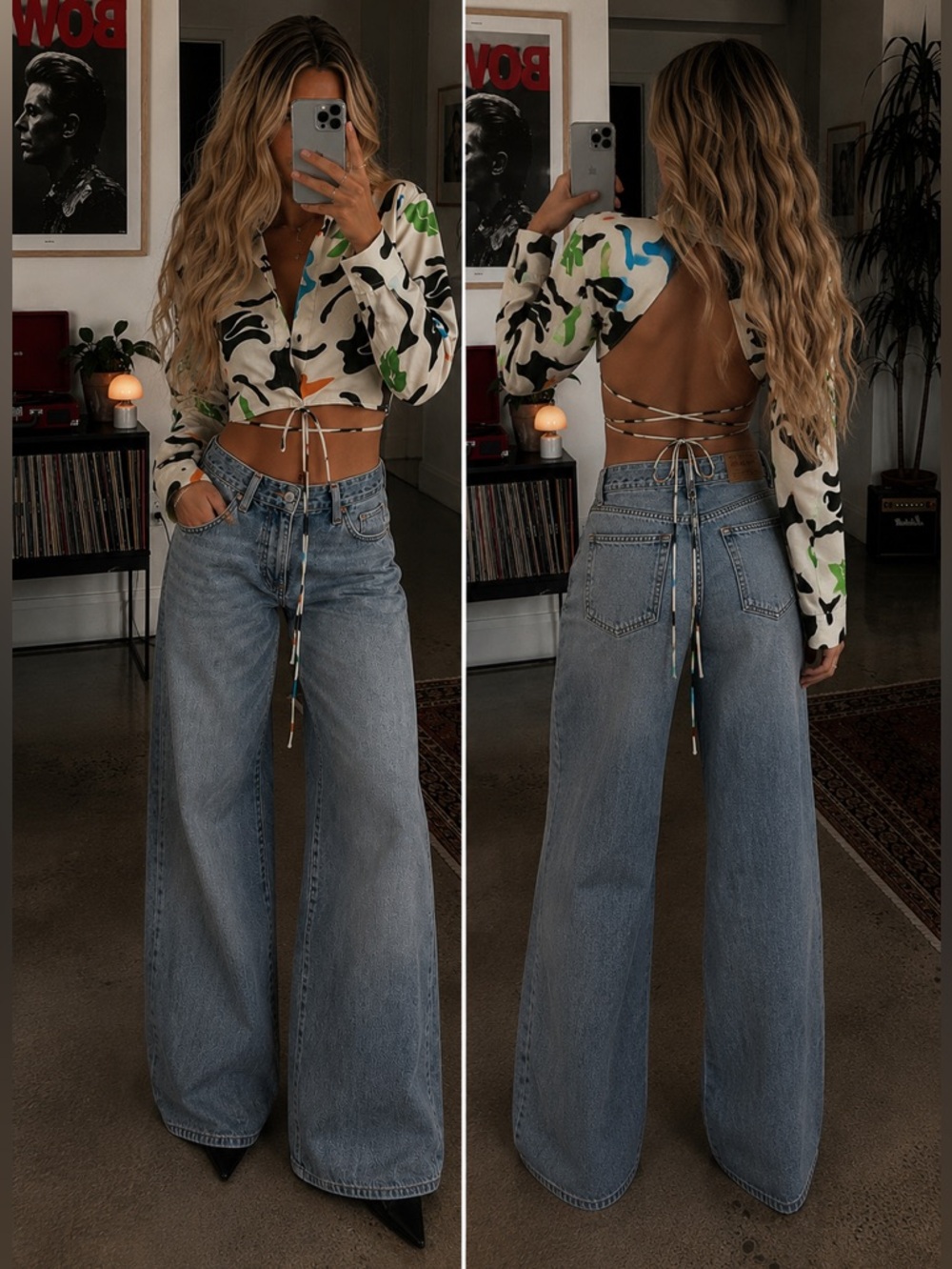 Zara Multicolored Abstract Cropped Button Up Front Open Back Lace Up Shirt
